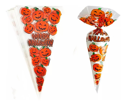 50 Bolsas Cono Halloween Para Dulces + 50 Amarras