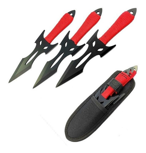 Kit 3 Facas De Arremesso Táticas Punhal Combate Red + Bainha Cor Preto C/ Vermelho