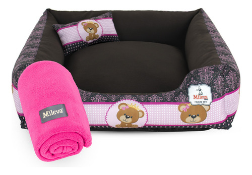 Kit Pet Cama Para Cachorro Gato 70x70 + Mantinha Pet Soft Cor Ursinha Princesa Marrom