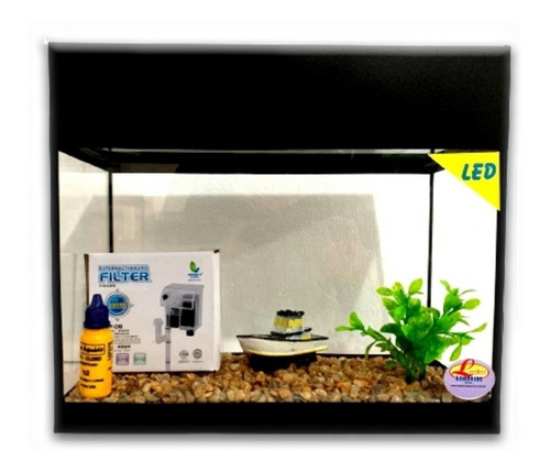 Aquário Faixa Preta Com Led Filtro E Cascalho 16 L