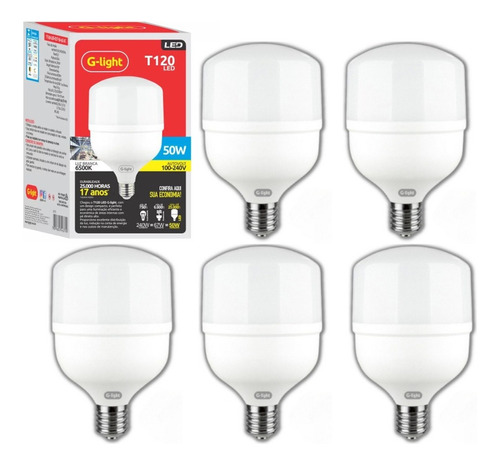 Kit 5 Lâmpadas Led 50w Bulbo 6500k Branco Frio Alta Potência 110V/220V