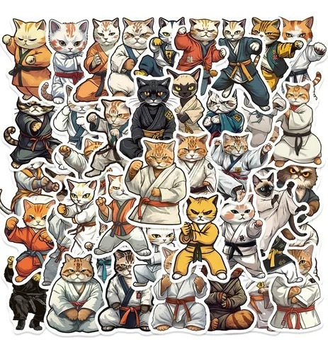 Stickers Autoadhesivos - Gato Luchador Kawaii  (50 Unidades)