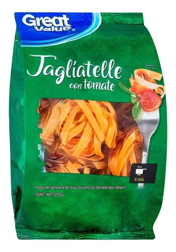 6 Pza Pasta Taglíatelle Great Value Con Tomate 250 G
