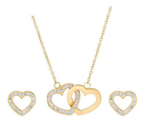Imagen 1 de 4 de Collar Y Aretes Corazones Entrelazados Swarovski Oro 24k Lam