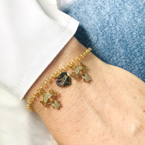Pulseira Pingente Meninas Irmãs De Zirconias Hipoalergênica