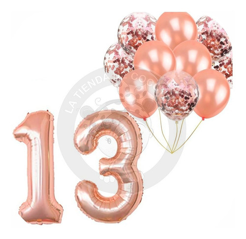 Numero 13 Rosa Gold 1 M + Set Globos Latex Rosa Gold Confett