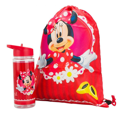 Garrafa 450 Ml E Mochila Tipo Saco 30x43 Cm Disney Minnie Cor Vermelho