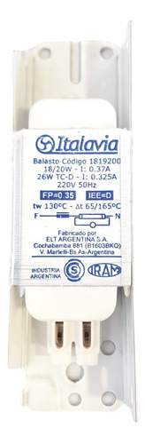 Mini Balasto Mecánico Italavia 18 20w P/ Lamp. Fluorescente 