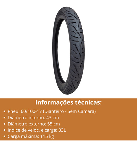 Pneu Dianteiro Jet 50 125 Biz Pop 60/100-17 Uso Sem Câmara