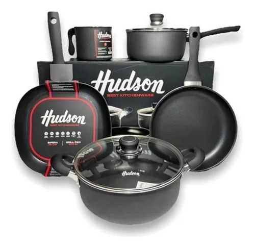 Set Bateria Juego Ollas Hudson Teflon Negro Bifera Jarro 5pz