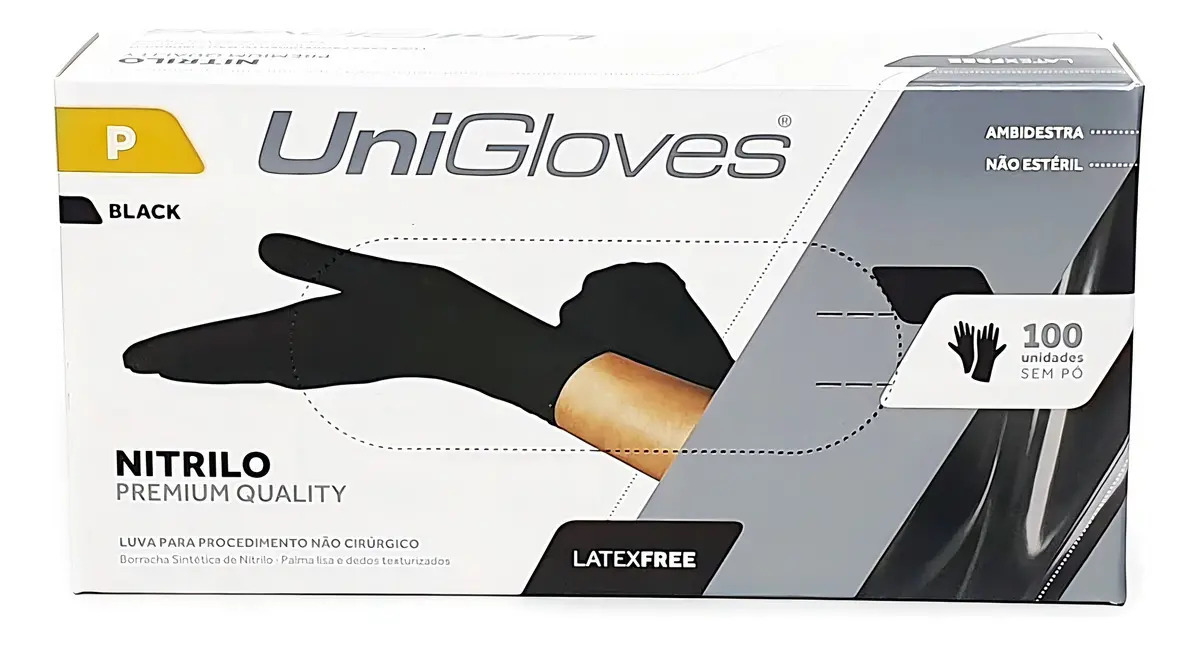 Luva Nitrílica UniGloves Preta Pequena Antiderrapante 100 Unidades