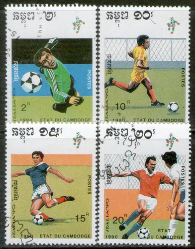 Camboya 4 Sellos +1 Bloc Usados Fútbol = Mundial Italia 1990
