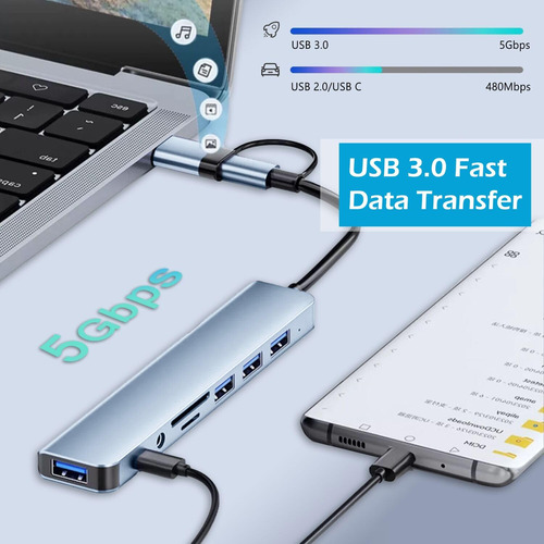 Hub Usb De Pc, Hub Usb C, Extensor Usb 8 En 1 Con 4 Puertos