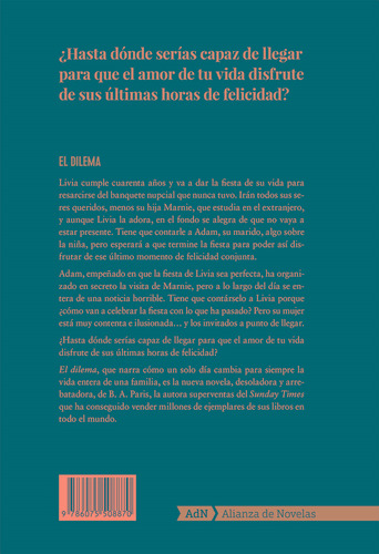 El dilema, de Bernadette Macdougall conocida como B.A. Paris. Editorial Alianza de Novela, tapa blanda en español, 2021