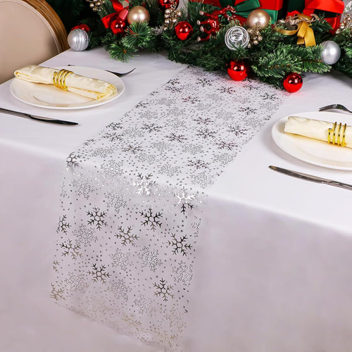 2 Caminos De Mesa Plateados Con Copos De Nieve De Navidad Copo De Nieve Plateado Floreado