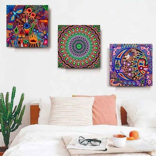 3 Cuadros Arte Huichol Mexicano En Lienzo Canvas Decorativo