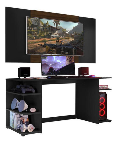 Mesa Gamer Com Painel E Sup Tv 65 Guilda Multimóveis V3586 Cor Preto