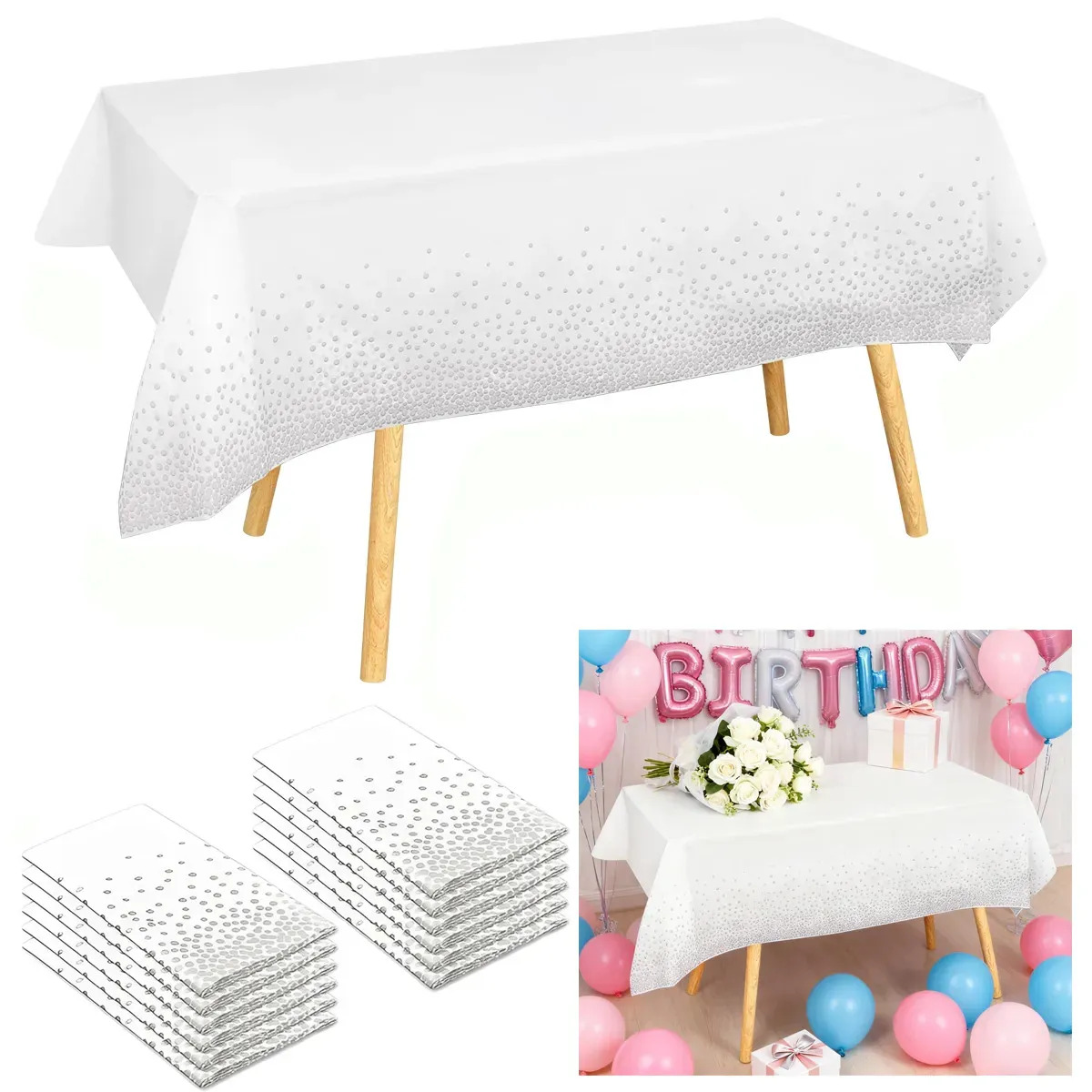 10 Manteles Desechables Blanco-Plata Rectangulares De Plástico PEVA 1.37x2.74m, Impermeables Y Resistentes Para Fiestas y Eventos Cumpleaños, Bodas, Baby Shower, Picnic,Cena Reunió