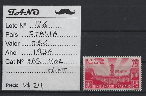 Lote126 Italia 75 Centesimi Año 1936 Sassone#402 Mint