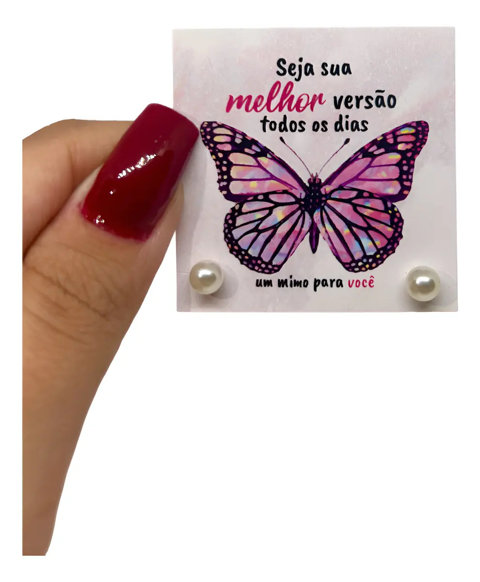 Kit 50 Pares de Brincos de Pérola com Tag "Seja Sua Melhor Versão" para Lembrancinhas