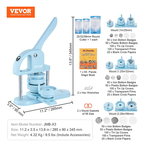 Button Maker Vevor 3 Em 1 Pin Maker 25/32/58 Mm Com 300 Unid
