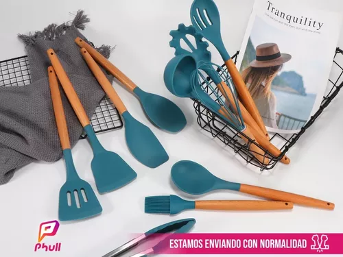 11 piezas/set utensilios de cocina de silicona pala de cocina mango de  madera juego de cocina, Moda de Mujer