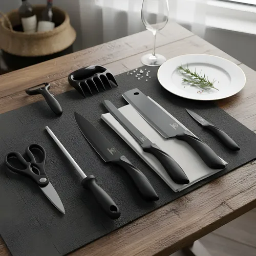 Kit Jogo 8 Peça Faca Cutelo Aço Inox Churrasco Cozinha Preto