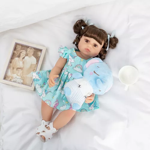 Brastoy Boneca Bebê Reborn Silicone Original Menina 55cm Olhos Castanho  Elefantinho