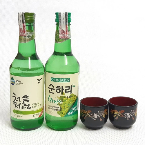 2 Bebida Coreana Soju Original E Sabor Uva/blueberry +2 Copo