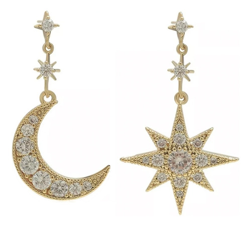 Aretes Largos De Luna Y Estrella Diamantados Oro Lamin 18k