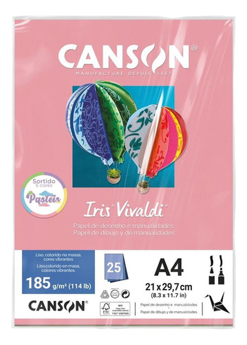 Papel A4 185g Canson Iris Vivaldi Cores Com 25 Fls Cor Cores Pastel