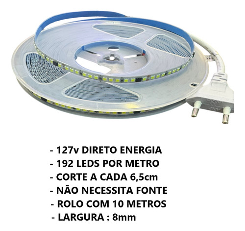 Fita Led 192 Led 110v/127v Ip44 Direta Na Rede 10m 22w 3000k