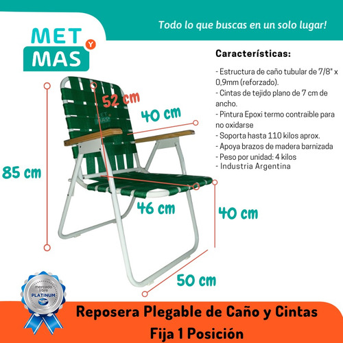 Imagen 2 de 8 de Reposera Plegable Playera De Caño Y Cintas - Fija 1 Posicion