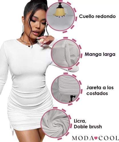 Vestido mujer corto ajustado jareta cintas corrugado manga Larga cuello  redondo casual Blanco, Moda de Mujer