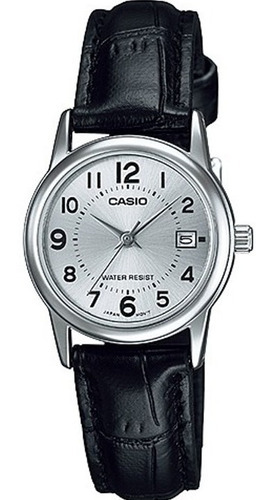 Reloj Casio Ltpv002 1b Mujer Correa Negra Piel Fechador Full Color De La Correa Negro Color Del Bisel Plateado Color Del Fondo Plateado Ltp-v002l-7b