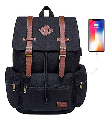 Mochila Vintage De Lona Para Laptop De 15.6 Y Usb-negro