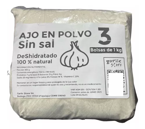 Ajo Molido En Polvo Sin Sal 3 Bolsas De 1 Kg , Deshidratado