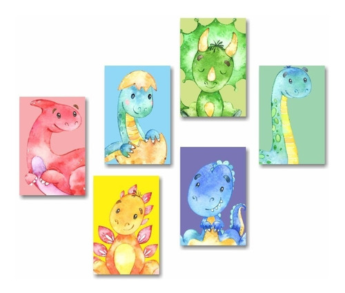 Kit 6 Quadros Placas Decorativas Dinossauros Infantil Quarto