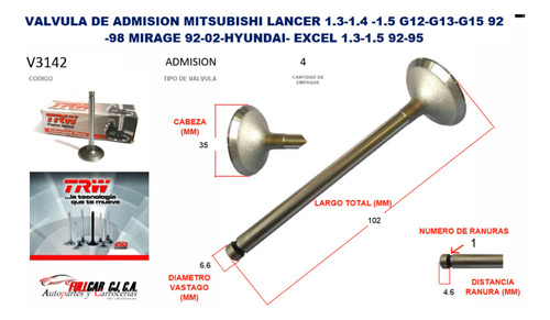 Valvula De Admision Mitsubishi Lancer 1.3-1.4 -1.5 G12-g13-g