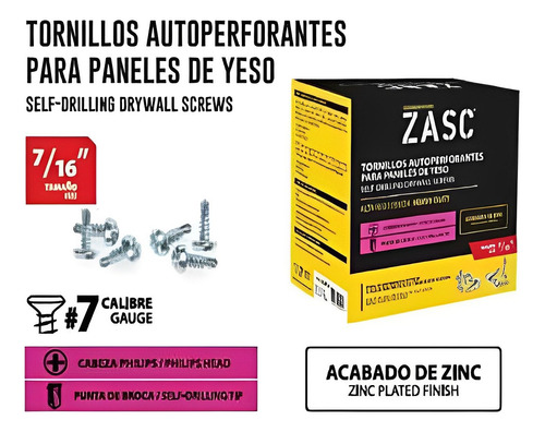 Tornillos Perforantes 7x71/16 Zasc Zinc P.yeso 1box = 2000pz