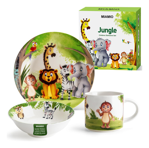 Miamio Juego De Vajilla Infantil Jungle De 3 Piezas, Ceramic