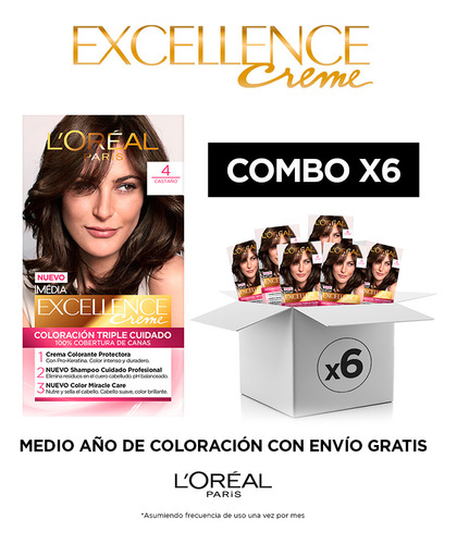 L'oréal Excellence Creme Tono 4 Castaño Pack x6
