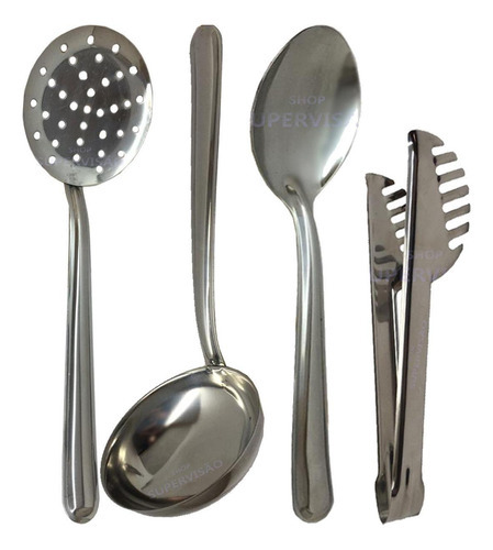 Conjunto 4 Utensílios Cozinha Aço Inox Colher Pegador Concha