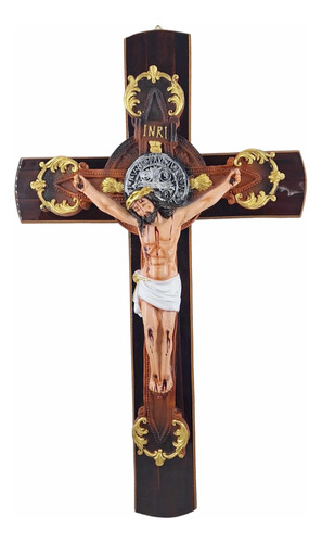 Cristo Crucificado De Pared Resina Cruz De Madera 60 Cm 