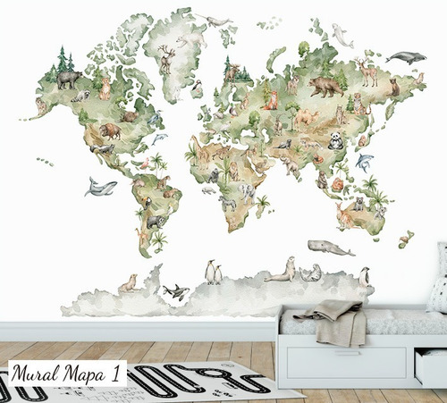 Vinilos Mural Mapa, Mapamundi Animales Deco Gigantografia