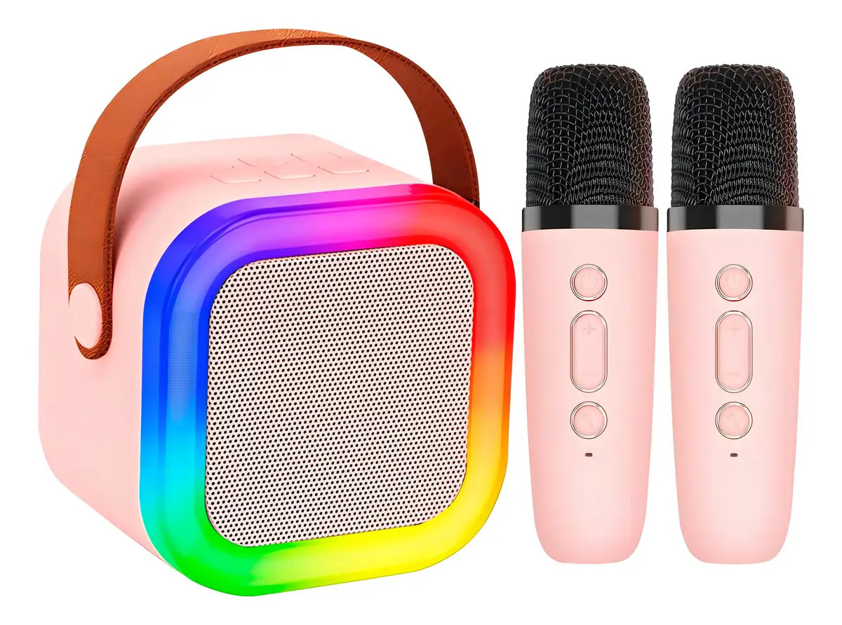 Alto-falante de karaokê Alto-falante com luzes 2 microfones Bluetooth cor rosa