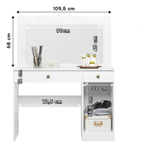 Penteadeira Camarim Bella Com 3 Gavetas E 1 Porta E Led