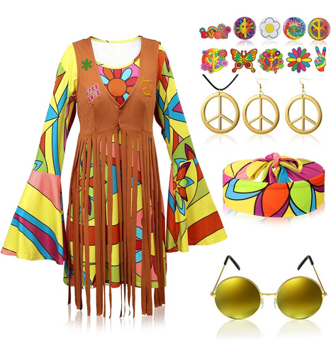 Hotop 17 Piezas 60s 70s Groovy Lady Hippie Disfraz Set Hippi