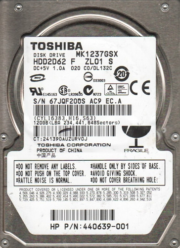 Disco duro interno Toshiba MK1237GSX 120GB