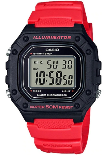 Reloj de pulsera Casio Youth W-218H de cuerpo color negro, digital, para hombre, fondo gris, con correa de resina color rojo, dial negro, minutero/segundero negro, bisel color negro, luz ámbar y hebilla simple